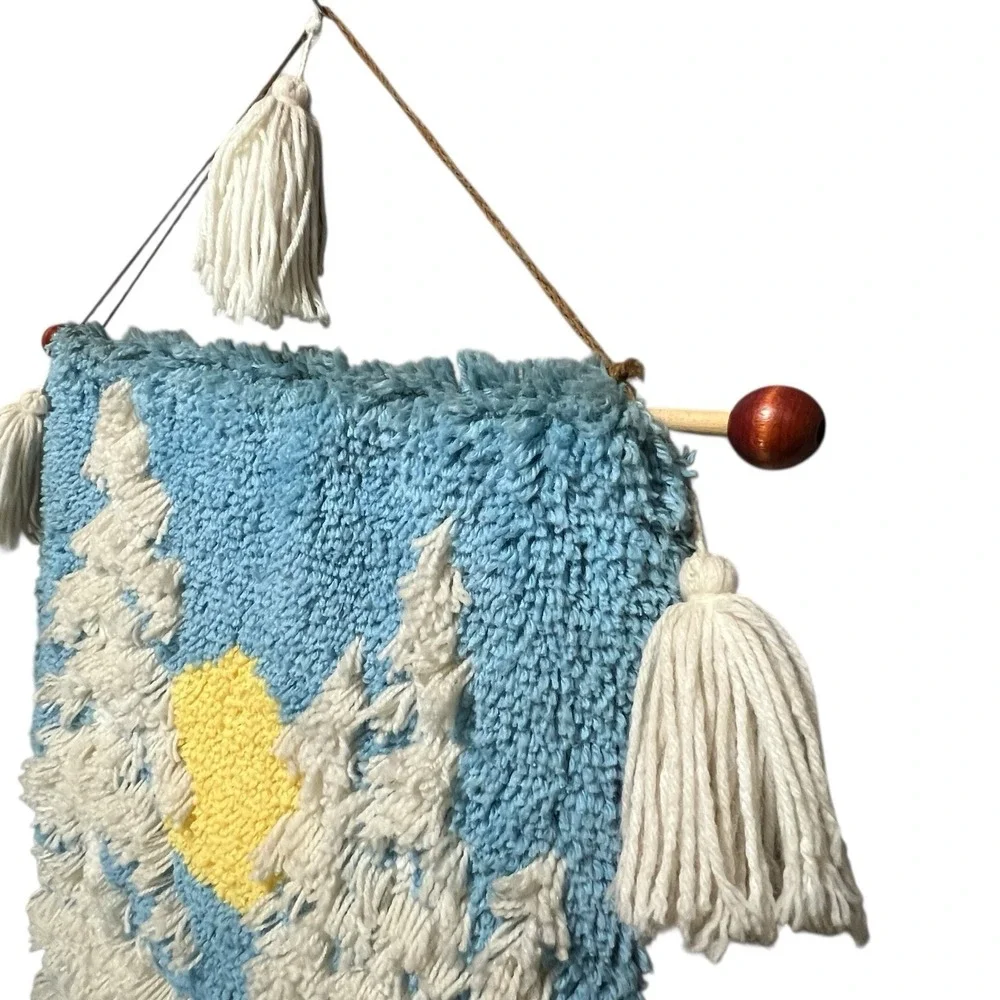 Large 6' MCM 70s‎ 3D Shag Latch Hook Wall Hanging Sun Trees Landscape Snow Retro